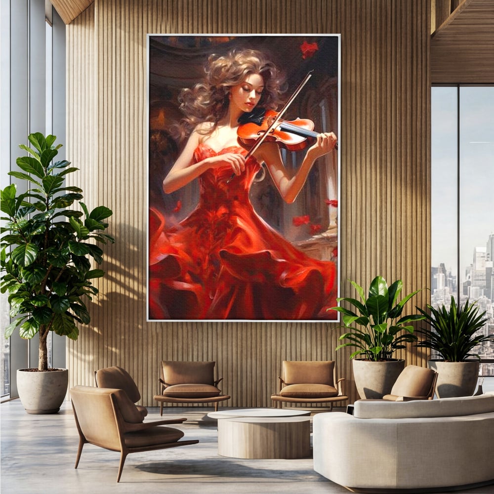 Tablou canvas cu tablou canvas cu femeie violonista, in rama de aluminiu argintiu, pe perete intr-un birou